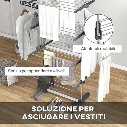 HOMCOM Folding Clothes Airer in Stainless Steel and Plastic, Space-Saving Vertical Drying Rack with 6 Wheels, Hooks and 4 Adjustable Shelves for Indoors, 142 x 55 x 172 cm, Silver Grey