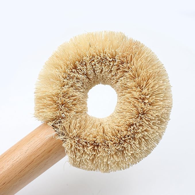 2PCS Coconut Brush Fiber Bottle Wooden Cleaning Brush, Scrub Head for Deep Pan Cleaning Washing, Sturdy Eco-Friendly with Natural Wood Handle Holder, Bristle Scrubber Set for Kitchen Dishes Vegetable