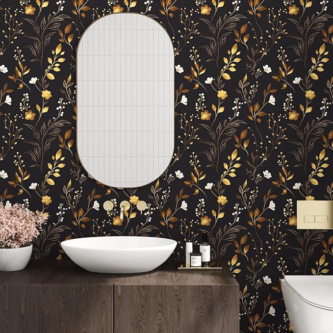 Black Floral Wallpaper Peel and Stick, Dark Gold Vintage Flower Contact Paper 17.5" x 393.7", Golden/White Botanical Wall Paper Self Adhesive Waterproof Removable for Room Cabinet Drawer Table Decor