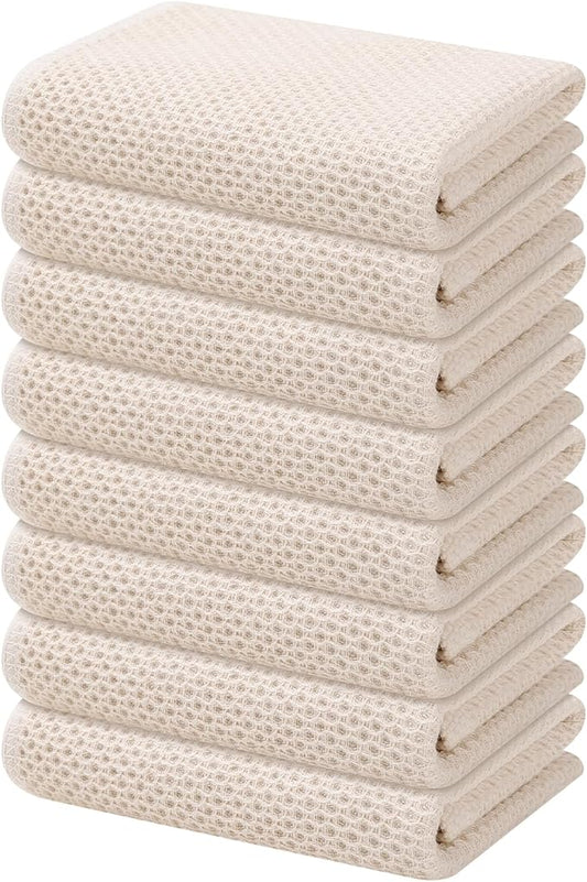 Kitinjoy 100% Cotton Waffle Weave Kitchen Hand Towels (13 X 28 Inches, Beige), 8-Pack Super Soft and Absorbent Dish Towel for Drying Dishes