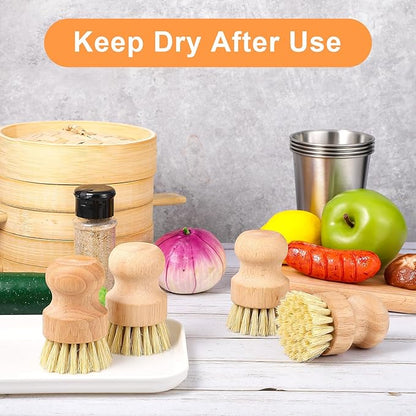 cobee 12Pcs Bamboo Dish Scrub Brushes, Kitchen Dishwashing Scrubber with Natural Sisal Bristles Round Wooden Dish Scrubber Brush for Iron Pot Pan Food Kitchen Sink Fruit Vegetable Wash