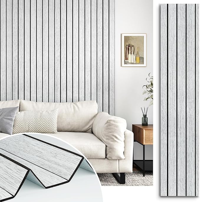 White/Grey 3D Wood Slat Panels for Walls Peel and Stick PVC Slat Wall Paneling Soundproof Self Adhesive Faux Wooden Slatted Panel for Wall Decor Interior Living Room Bedroom 118"x 11.8"