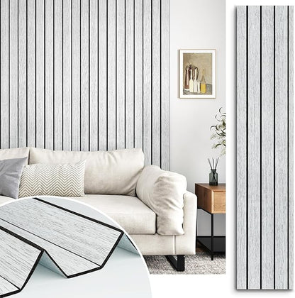 White/Grey 3D Wood Slat Panels for Walls Peel and Stick PVC Slat Wall Paneling Soundproof Self Adhesive Faux Wooden Slatted Panel for Wall Decor Interior Living Room Bedroom 118"x 11.8"