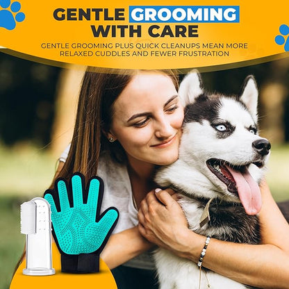Dog Toothbrush Kit + Pet Hair Removal Glove – 4 Silicone Finger Toothbrushes with Travel Cases – Pet Dental Care & Teeth Cleaning, Plaque & Tartar Control – Dog Grooming Gloves – Free QR eBook