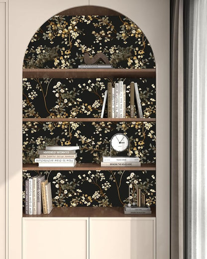 Fvlow Black Floral Wallpaper Classic Leaves Wall Paper 17.4" x 118" Dark Moody Contact Paper Vintage Chinoiserie Watercolor Self Adhesive Covering for Bedroom Bathroom Cabinet Home Decor Beige Gold