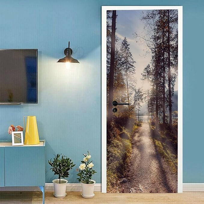 A.Monamour 3D Door Stickers for Interior Doors A Pathway Through Forest in The Morning Nature Scenery Vinyl Waterproof Self Adhesive Door Mural Decals for Bedroom Office Bathroom 95x215cm