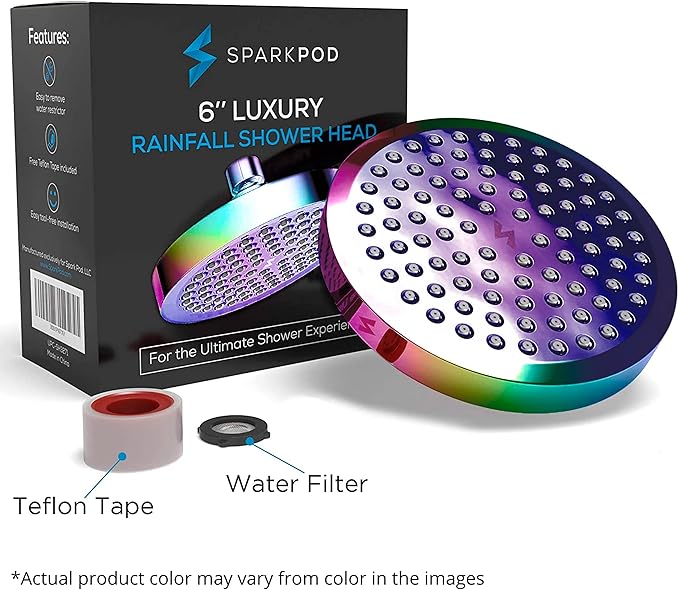 SparkPod Shower Head - High Pressure Rain - Premium Quality Luxury Design - Easy Clean Adjustable Replacement for Your Bathroom Shower Heads (Radiant Rainbow, 6 Inch Round)