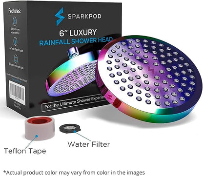 SparkPod Shower Head - High Pressure Rain - Premium Quality Luxury Design - Easy Clean Adjustable Replacement for Your Bathroom Shower Heads (Radiant Rainbow, 6 Inch Round)