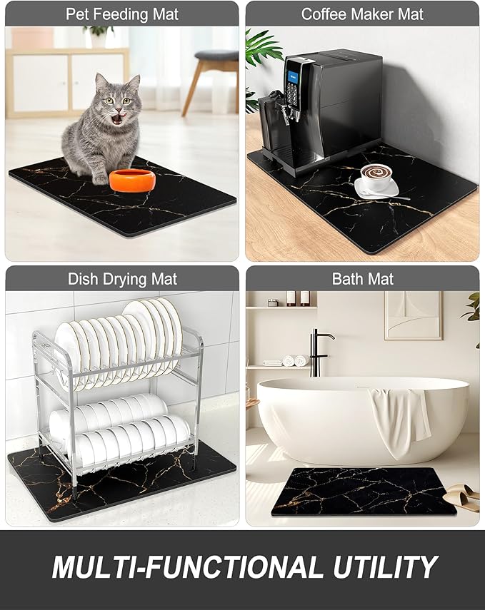 Rnivvi Dish Drying Mat for Kitchen Counter, XL 15 x 24" Cute Marble Absorbent Draining Pad, Non-Slip Heat Resistant Coffee Bar Mats for Coffee Machine Station Accessories, Black Gold Dish Rack Pad