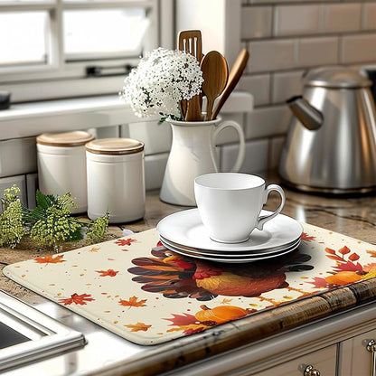 Happy Thanksgiving Dish Drying Mats for Kitchen Counter Autumn Fall Turkey Maple Leaves Pumpkin Drying Mat 18 x 24 Inch Microfiber Absorbent Dish Drying Pad Washable Dish Drainer Mats for Coffee Bar