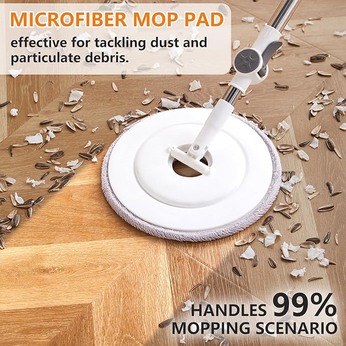 Spin Mop and Bucket Set ，2 Replaceable Microfiber Mop Pads，1 Magic Sponge Eraser pad for Deep-Cleaning Mops for Floors (Mop Set, 10" Mop-Head)