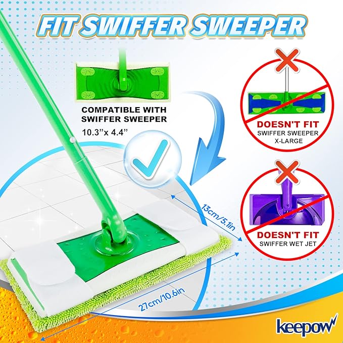KEEPOW Reusable Mop Pads Compatible with Swiffer Sweeper – Washable Microfiber Floor Cleaning Refills for Wet & Dry Use – 10.6" x 5.1", 4 Pack