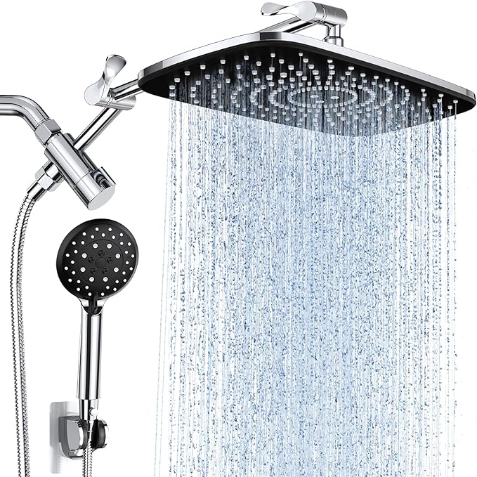 Veken Wide High Pressure Rain Shower Head with Handheld, Handheld Shower Heads with Multi Spray Modes, Rainfall Combo with 15" Metal Extension Arm,Detachable Dual Shower,1.8GPM, Chrome Silver