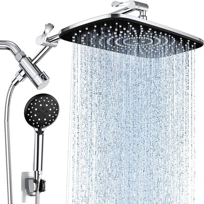 Veken Wide High Pressure Rain Shower Head with Handheld, Handheld Shower Heads with Multi Spray Modes, Rainfall Combo with 15" Metal Extension Arm,Detachable Dual Shower,1.8GPM, Chrome Silver