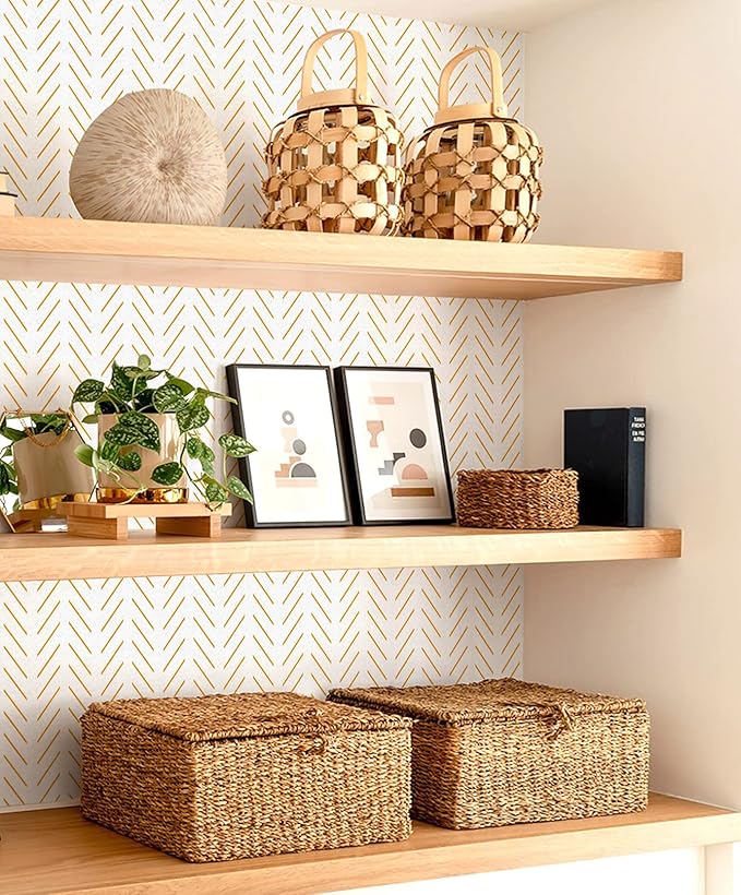Orainege Yellow and White Peel and Stick Wallpaper Yellow Contact Paper 17.7 in x393.7 in Herringbone Geometric Wall Paper Peel and Stick Modern Lines Decorative Self Adhesive Wallpaper for Bedroom
