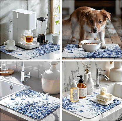 Christmas Tree Dish Drying Mat for Kitchen Counter 16x18 Inch Blue White Chinoiserie Winter Xmas Holiday Drying Mats Microfiber Absorbent Dish Draining Reusable Dish Drainer Pad