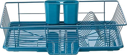 Sweet Home Collection 3 Piece Dish Drainer Rack Set with Drying Board and Utensil Holder, 12" x 19" x 5", Teal(Pack of 1)