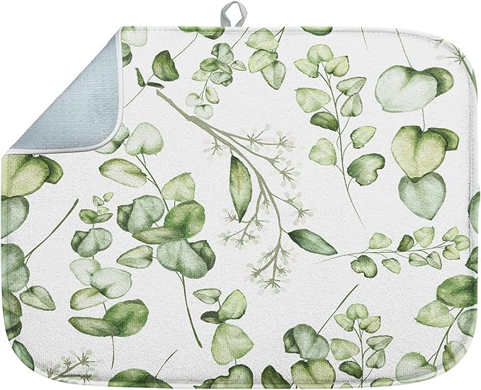 Sanwarm Absorbent Dish Drying Mat, Vintage Summer Eucalyptus Leaves Flower Microfiber Pad for Kitchen Counter, Coffee Bar Decor, Heat Resistant and Reversible, 18" x 24"