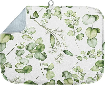 Sanwarm Absorbent Dish Drying Mat, Vintage Summer Eucalyptus Leaves Flower Microfiber Pad for Kitchen Counter, Coffee Bar Decor, Heat Resistant and Reversible, 18" x 24"