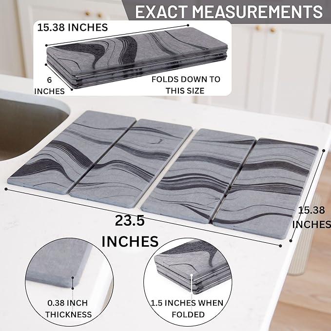 Foldable Stone Dish Drying Mat for Kitchen Counter | 23.5” L x 15.3” W Diatomaceous Earth Quick Drying Pad | Foldable & Super Absorbent Dish Drying Stone for Plates, Bottles & Utensils | Gray