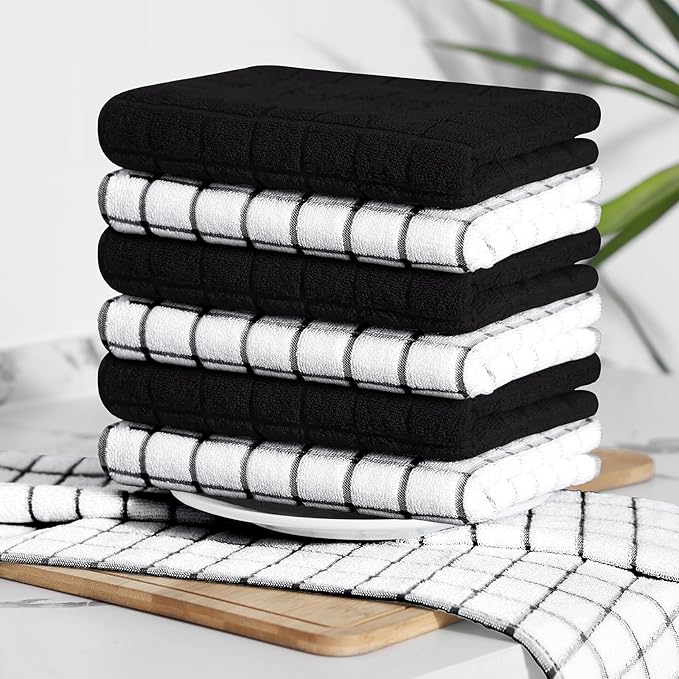 Homaxy Premium Cotton Kitchen Towels 16"x 28", Large Natural Ring Spun 390 GSM Dish Towels, Super Absorbent Terry Kitchen Hand Towels, Soft Tea Towels with Hanging Loop, Black Check Design, 6 Pack