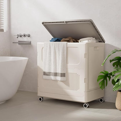 HAIXIN HOME Slim Rolling Laundry Hamper with Lid, 60L Foldable Plastic Laundry Basket on Wheels with Handle, Dirty Clothes Hamper Cart for Narrow Spaces, Bedroom, Bathroom, Closet, Dorm, Under Table