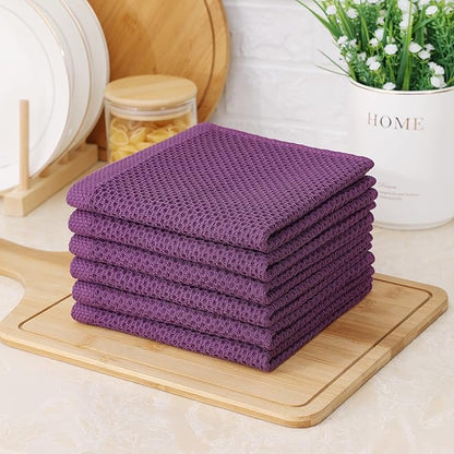 Kitinjoy 100% Cotton Kitchen Dish Cloths, 6 Pack Waffle Weave Ultra Soft Absorbent Dish Towels for Drying Dishes Quick Drying Kitchen Towels Dish Rags, 12 X 12 Inches, Violet