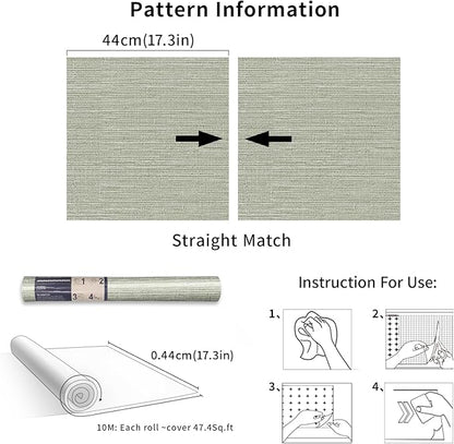 Simon&Siff Green Textured Grasscloth Peel and Stick Wallpaper 17.7"x394" Neutral Faux Grassweave Wallpaper Waterproof Self Adhesive Removable Wallpaper Mural for Home Decor Bedroom Kitchen Cabinet