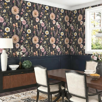 Livebor Dark Floral Peel and Stick Wallpaper Vintage Floral Contact Paper 16.9” x 118.1” Bird Flower Wallpaper Peel and Stick Boho Flower Self Adhesive Removable Wall Paper Decor for Cabinets Vinyl