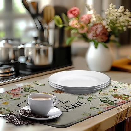Easter He Is Risen Dish Drying Mats Spring Floral Dish Mat Easter Cross Drying Matt Dishes Dryer Pad for Kitchen Counter Absorbent Microfiber Washable Foldable Reusable 18x24 in