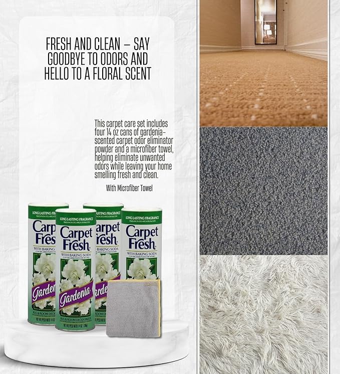 4x Carpet Fresh Gardenia Scent Carpet Odor Eliminator 14 oz Powder Bundle with Microfiber Cleaning Cloth – Eliminates Pet Odors, Provides Long-Lasting Freshness – Gift Set (5 Items)