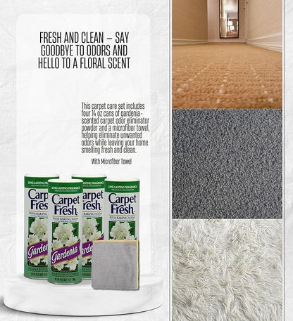 4x Carpet Fresh Gardenia Scent Carpet Odor Eliminator 14 oz Powder Bundle with Microfiber Cleaning Cloth – Eliminates Pet Odors, Provides Long-Lasting Freshness – Gift Set (5 Items)