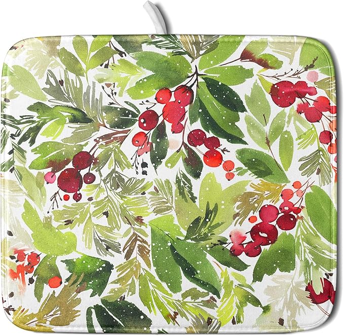 Watercolor Christmas Dish Drying Mat 16 x 18 Inch With Absorbent Reversible Microfiber Green Leaves Red Berry Xmas Drying Mats Winter Holiday Dish Drainer Mat Fast Dry For Kitchen Dining Room