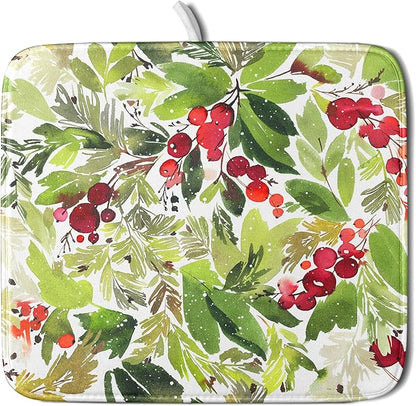 Watercolor Christmas Dish Drying Mat 16 x 18 Inch With Absorbent Reversible Microfiber Green Leaves Red Berry Xmas Drying Mats Winter Holiday Dish Drainer Mat Fast Dry For Kitchen Dining Room
