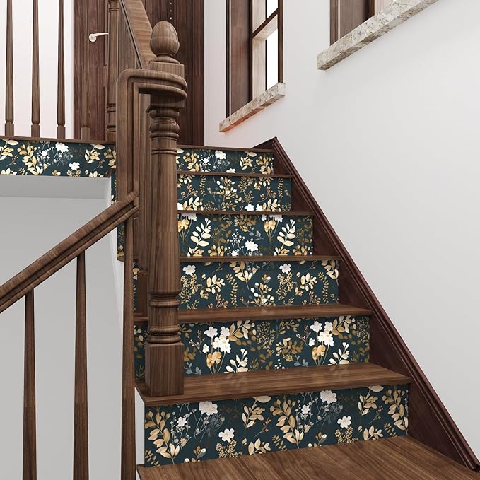 Laatse Navy Floral Wallpaper Peel and Stick Boho Wallpaper Vintage Blue/Gold Leaf Contact Paper Waterproof Self Adhesive Modern Wall Paper for Cabinet Walls Kitchen 17.5in x118in