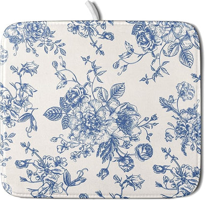 Vintage Blue Floral Dish Drying Mat for Kitchen Counter 16x18 Inch Chinoiserie Flowers Absorbent Reversible Microfiber Dish Pad Dish Drainer Rack Mats Countertops Protector Mat