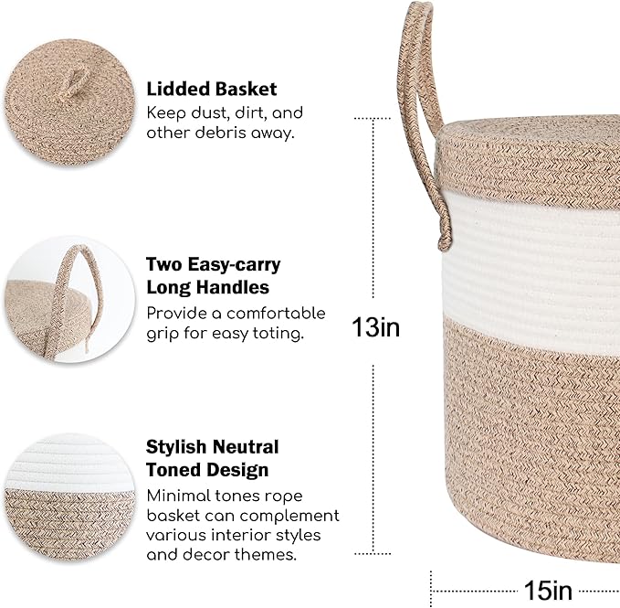 15”x13” Large Storage Basket with Lid, Blanket Basket Living Room, Woven Cotton Rope Baskets for Storage, Kids Toy Storage Bin, Tall Wicker Laundry Basket, Blankets Pillows Organizer Holder
