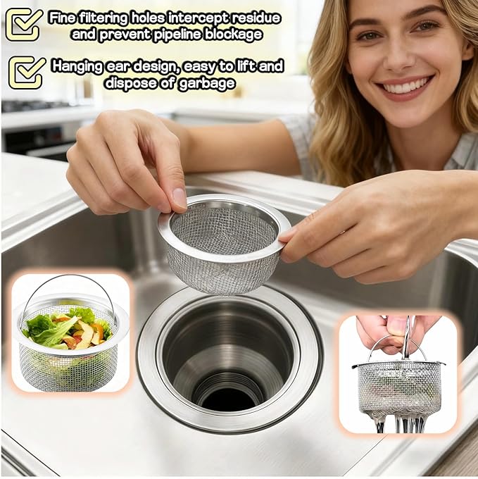 3" Kitchen Sink Strainer, 2-Pack Fine Mesh Basket - Catches Food Waste, Hair & Prevents Clogs, Rust-Proof Stainless Steel, Fits Standard Drain