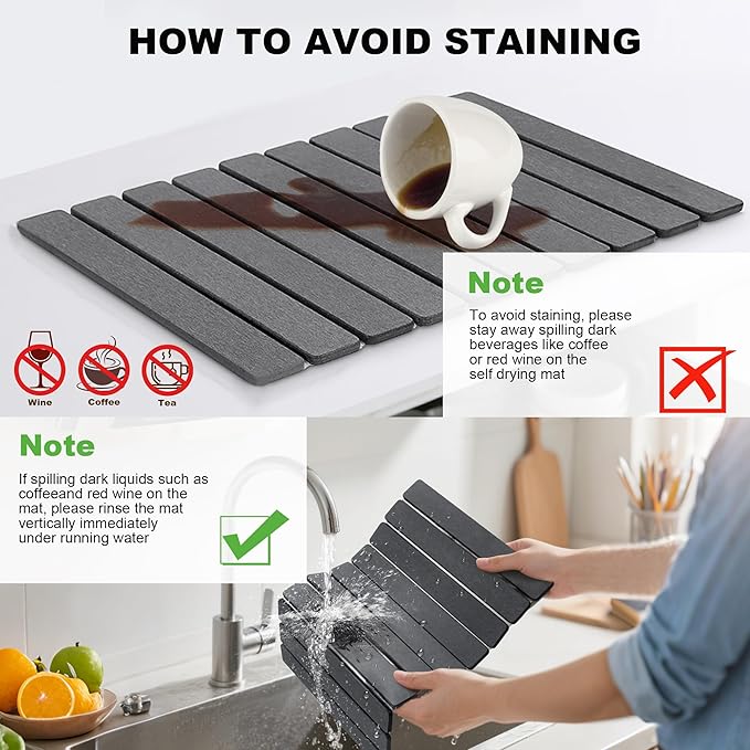 Stone Dish Drying Mat for Kitchen Counter - 24" x 16" Ultra Absorbent Diatomaceous Earth Mat, Fast Drying & Foldable Countertop Protector, Non-Slip Eco-Friendly Stone Mat for Dishes