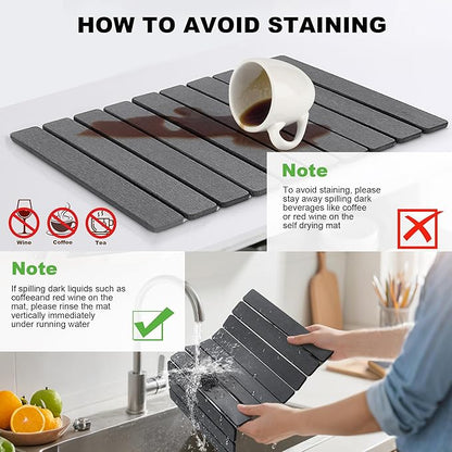Stone Dish Drying Mat for Kitchen Counter - 24" x 16" Ultra Absorbent Diatomaceous Earth Mat, Fast Drying & Foldable Countertop Protector, Non-Slip Eco-Friendly Stone Mat for Dishes