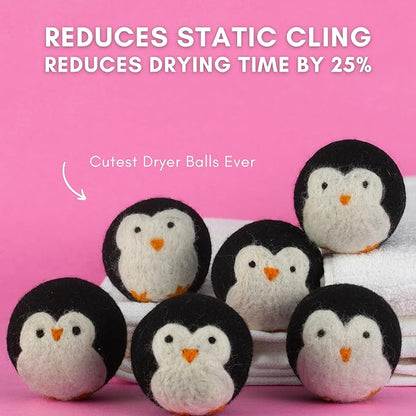 6-Pack XL Organic Wool Dryer Balls - 100% New Zealand Wool, Reuse for 1000 Loads, Fair Trade, Handmade in Nepal, Dryer Balls Laundry Reusable, Penguins Dryer Ball Set, Mesh Laundry Bag