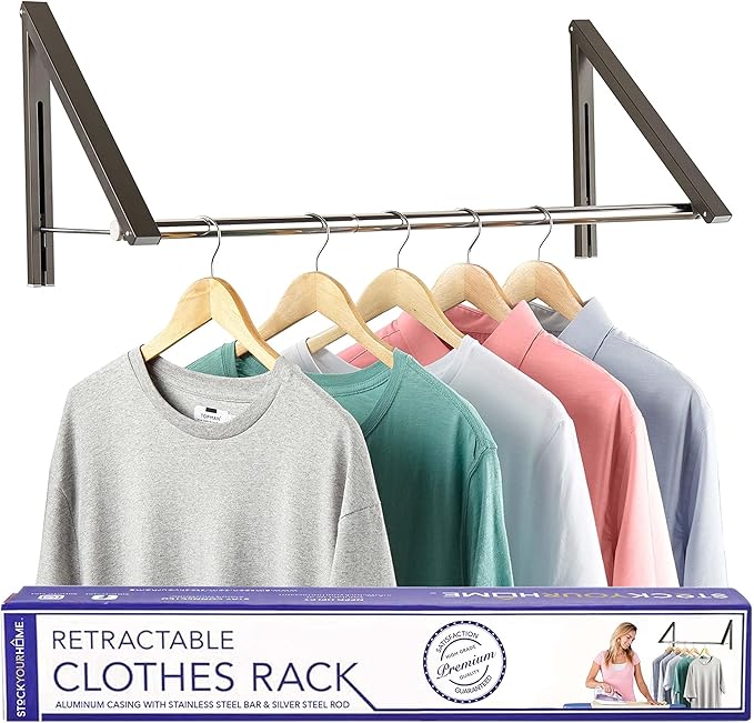 Double Foldable Clothing Rack w/ Extension Rod, Wall-Mounted Retractable Clothes Hanger for Laundry Dryer Room, Hanging Drying Rod, Small Collapsible Folding Garment Racks, Dorm Accessories (Gray)