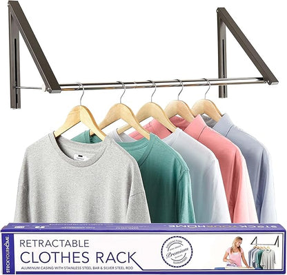 Double Foldable Clothing Rack w/ Extension Rod, Wall-Mounted Retractable Clothes Hanger for Laundry Dryer Room, Hanging Drying Rod, Small Collapsible Folding Garment Racks, Dorm Accessories (Gray)