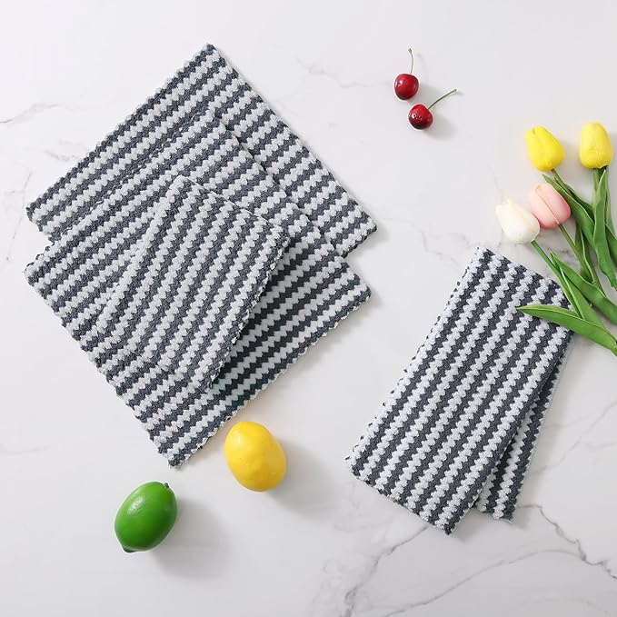 Homaxy 24 Pack Kitchen Dish Cloths, Ultra Soft and Absorbent Dish Towels, Reusable Fast Drying Microfiber Cleaning Cloth, Coral Velvet Wave Design No-lint, 10 x 10 inches, Dark Grey