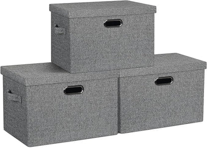 Large 17" 36 Quart Collapsible Stackable Storage Bins with Lids, 3 Packs Black and White Mix Linen Fabric Closet Boxes with Lids, Storage Cube Baskets Container Organizers (17x12x11)