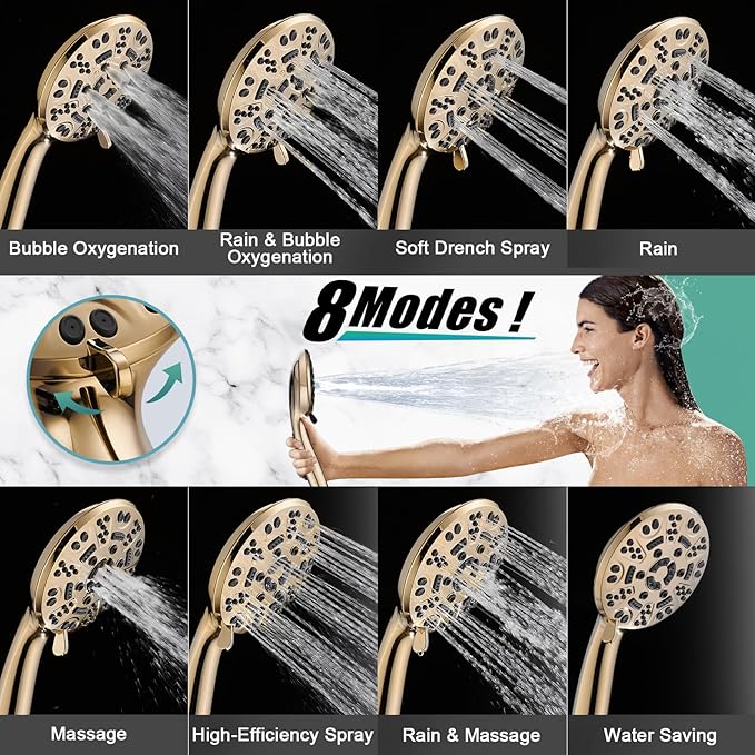 Cobbe 8-Setting Handheld Shower Head with High Pressure Shower Heads - Bathroom Showerhead Set - Detachable Showerhead with 5ft Stainless Steel Hose and Brass Swivel Bracket (Gold)