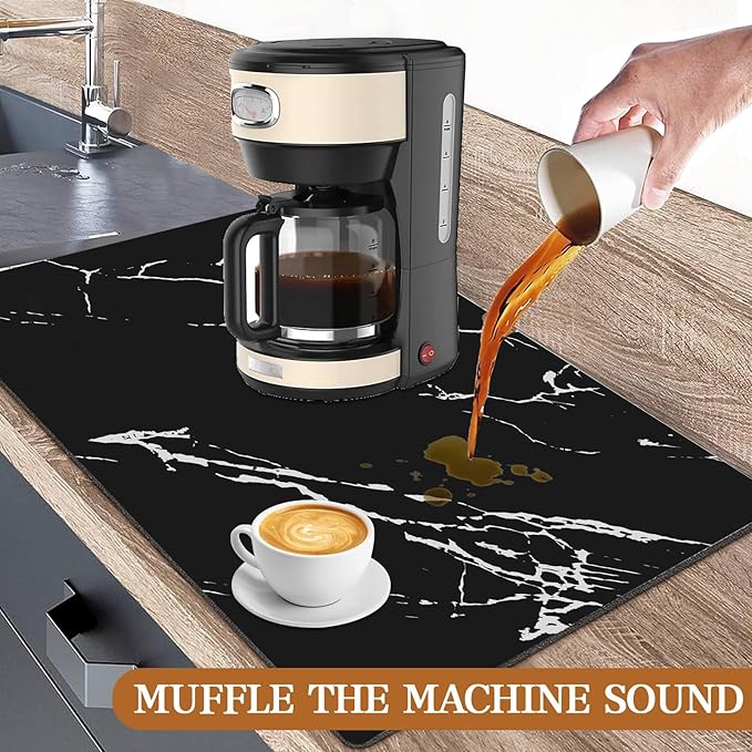 Absorbent Coffee Mat, 24"x16" Dish Drying Mat Coffee Mat Bar Accessories, Hide Stain Rubber Backed Absorbent Dish Drying Mat for Kitchen Counter Fits Under Coffee Maker or Machine (Black)