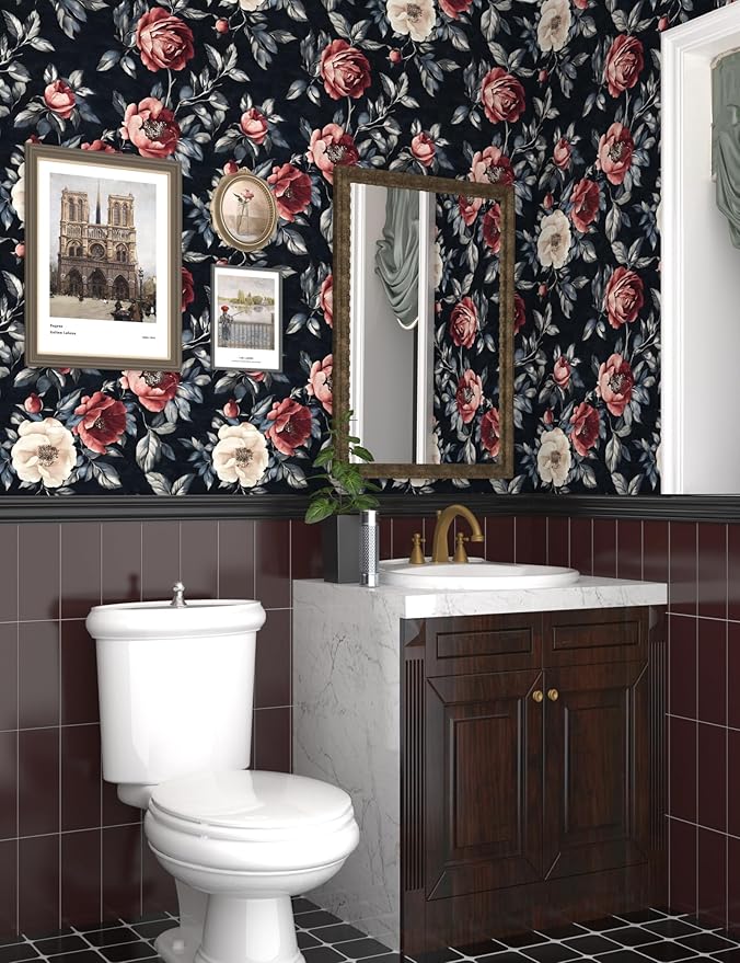 Fvlow Black Floral Wallpaper Peel and Stick 17.4" x 118" Dark Floral Contact Paper Red and White Flowers Vintage Waterproof Self Adhesive Covering for Bedroom Cabinet Bathroom Home Decor