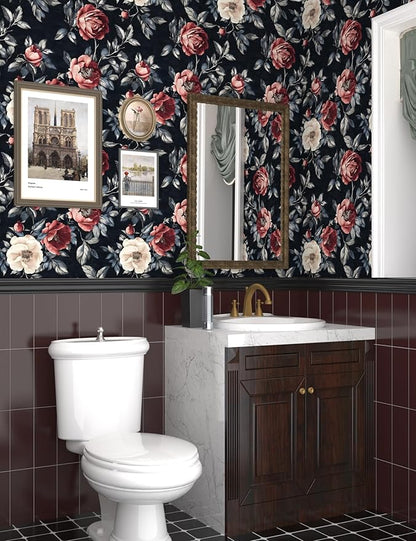 Fvlow Black Floral Wallpaper Peel and Stick 17.4" x 118" Dark Floral Contact Paper Red and White Flowers Vintage Waterproof Self Adhesive Covering for Bedroom Cabinet Bathroom Home Decor