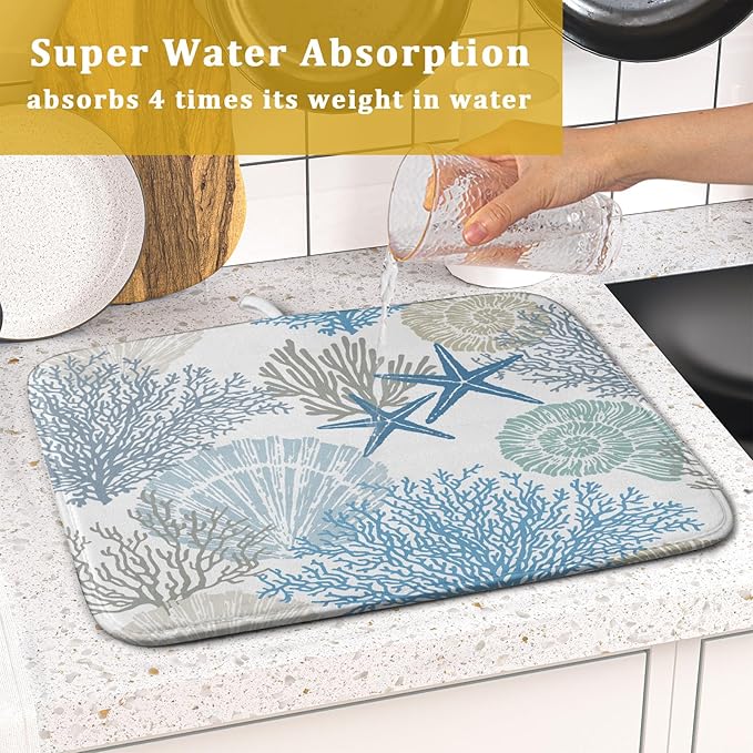 Nautical Coastal Dish Drying Mat for Kitchen Counter,Summer Ocean Themed Seashell Coral Starfish Drying Mat 16 x 18 Inch with High Absorbent Microfiber Dish Drying Drainer Mat for Coffee Bar